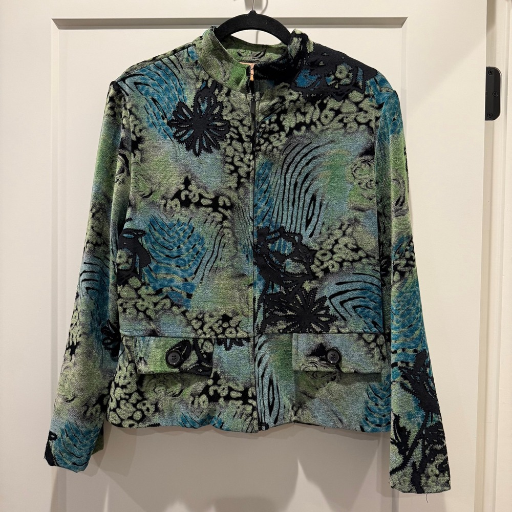 Artsy Abstract Brooke Coleman Botanical Jacket Size 12 Green Teal Whimsigoth